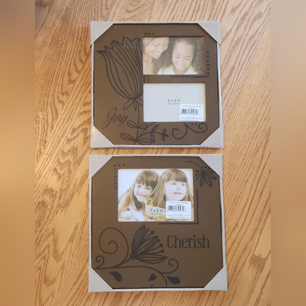 Frame Set for 3 pictures Brown with Black floral Says 'Joy' & 'Cherish'
